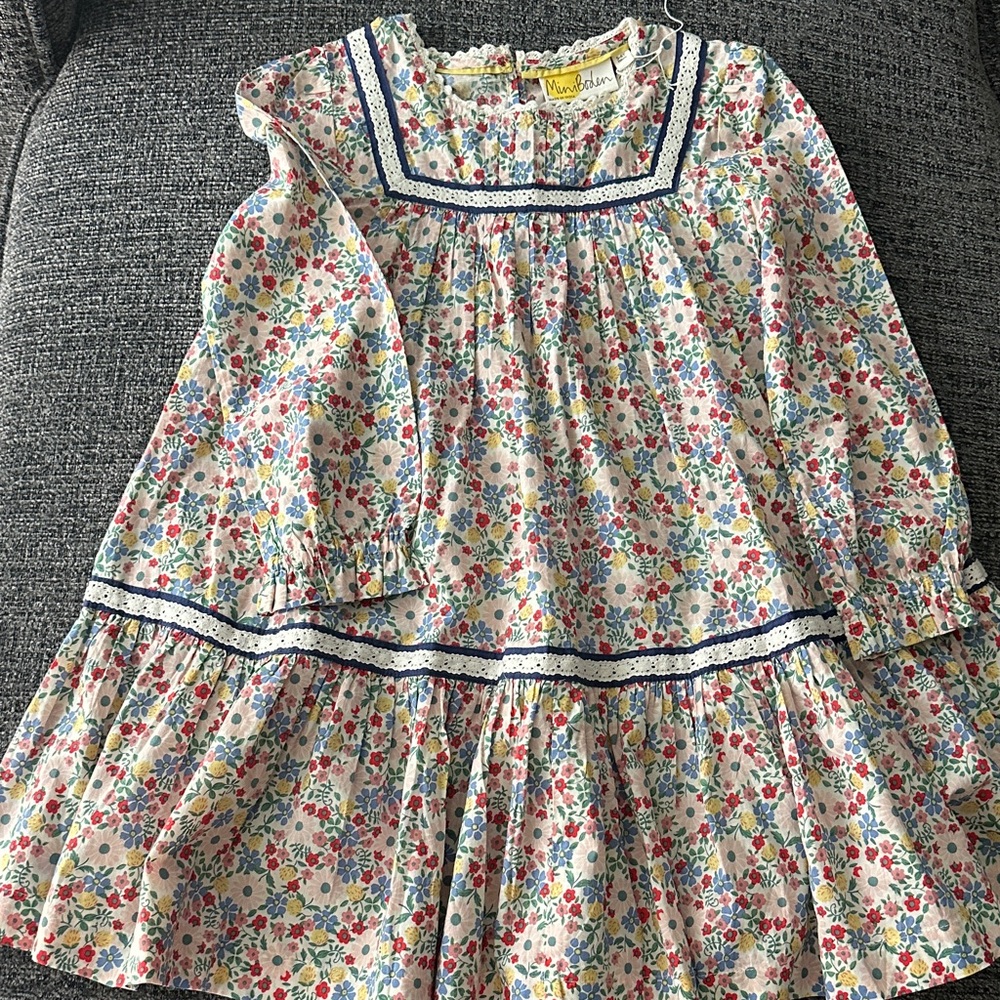 Mini Boden Cream Floral Dress with Navy Trim